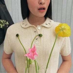 Grove Rose Knit Floral Embroidered Collar‎ Short Sleeve Sweater Pullover Sz S